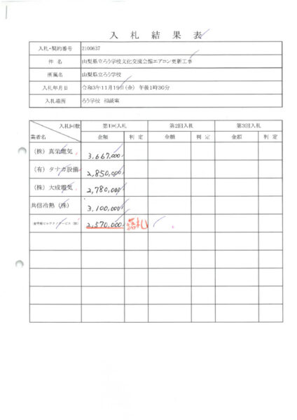 入札結果表（文化交流会館エアコン更新工事）のサムネイル