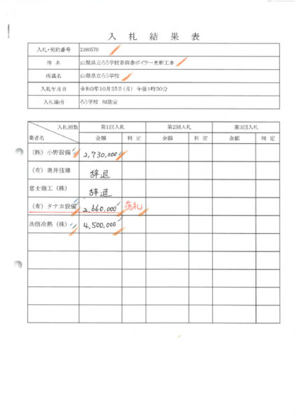 入札結果表（寄宿舎ボイラー更新工事）のサムネイル